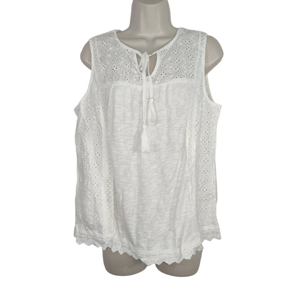 Knox Rose Eyelet Ribbed Tank Top Tassel Women Size M 8 10 White Sleeveless NEW